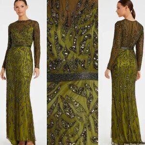 NWT | Mac Duggal 5124 Green Long Sleeve Beaded Evening Gown Size 14